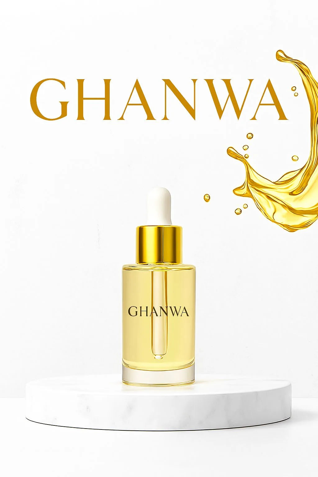 GHANWA skincare serum bottle with gold cap on a white background
