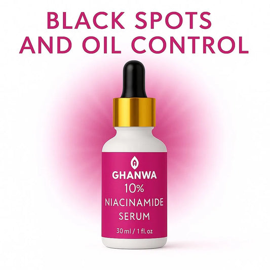 Ghanwa 10% Niacinamide Serum bottle with pink label on a white background