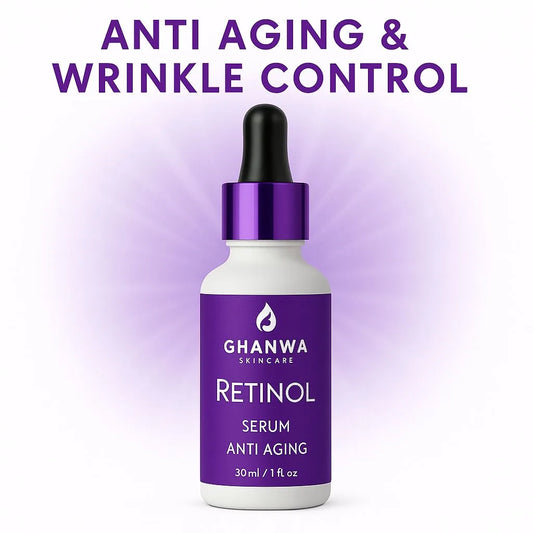 Ghanwa skincare retinol serum bottle with purple dropper on a light purple background